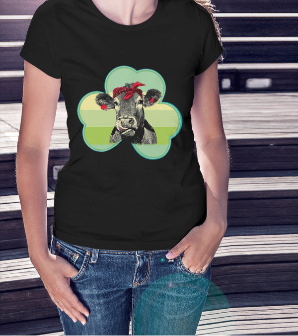 Cow With Red Bandana In Shamrock St Patrick T-Shirt
