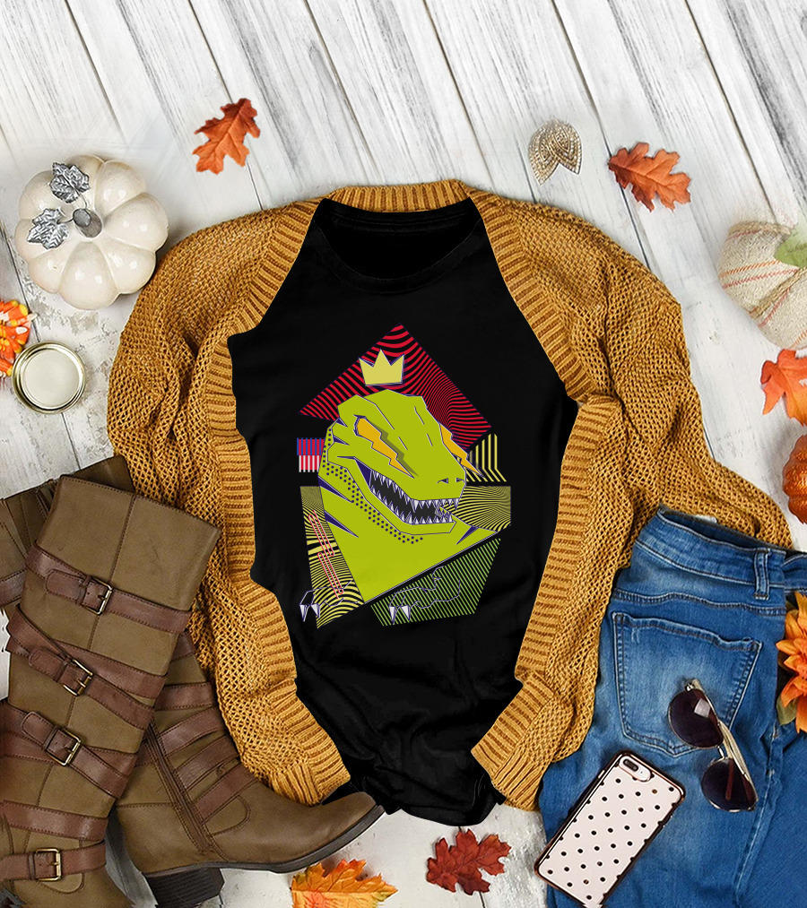 Dini Cool Dinosaur with Crown and Colorful Geometric T-Shirt