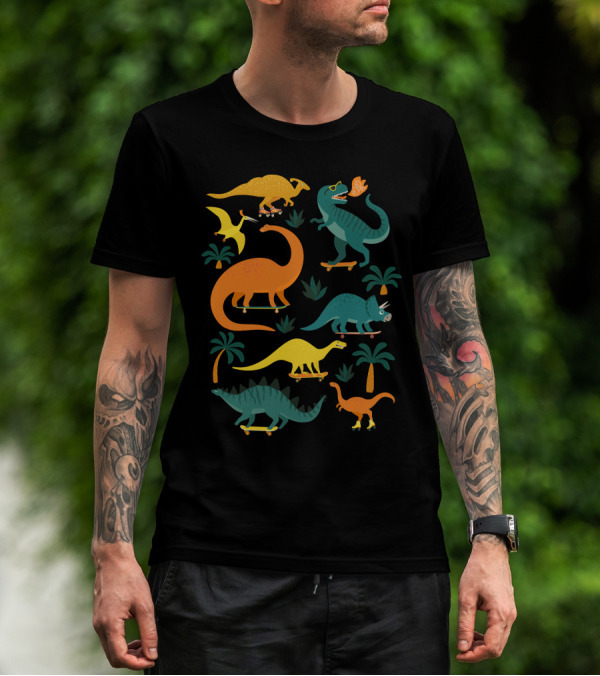 Colorful Dinosaurs Skateboarding Fun Jungle Adventure T-Shirt