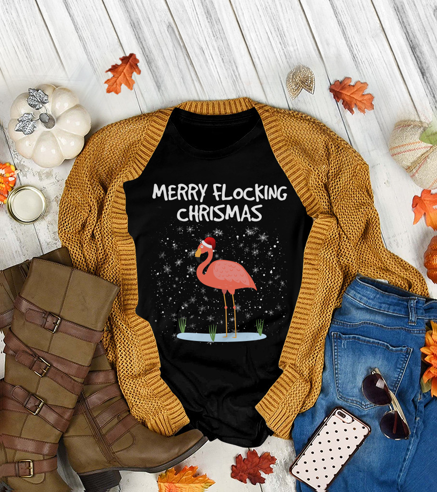 Merry Flocking Christmas Flamingo with Snowflakes T-Shirt