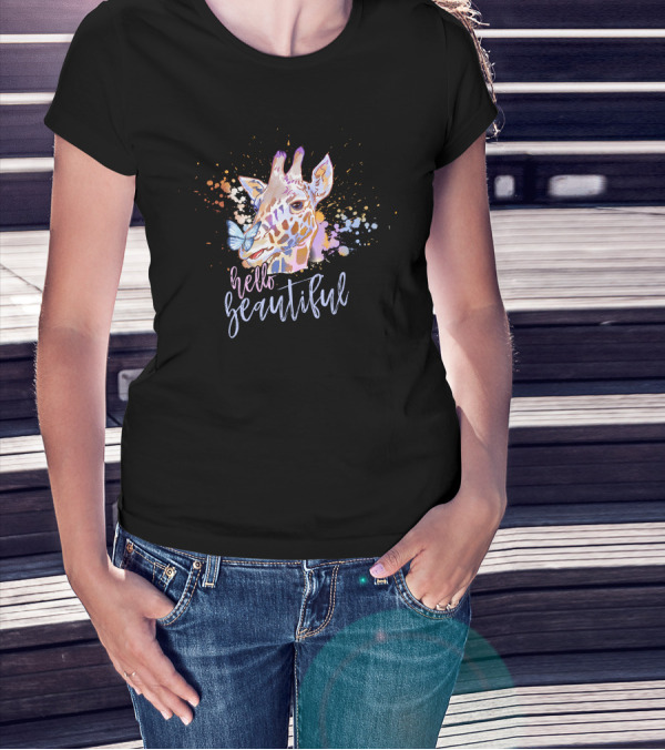Hello Beautiful Giraffe Butterfly Splash T-Shirt
