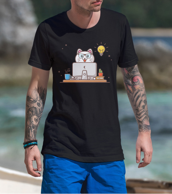 Happy Cat Get An Idea At Computer Desk T-Shirt