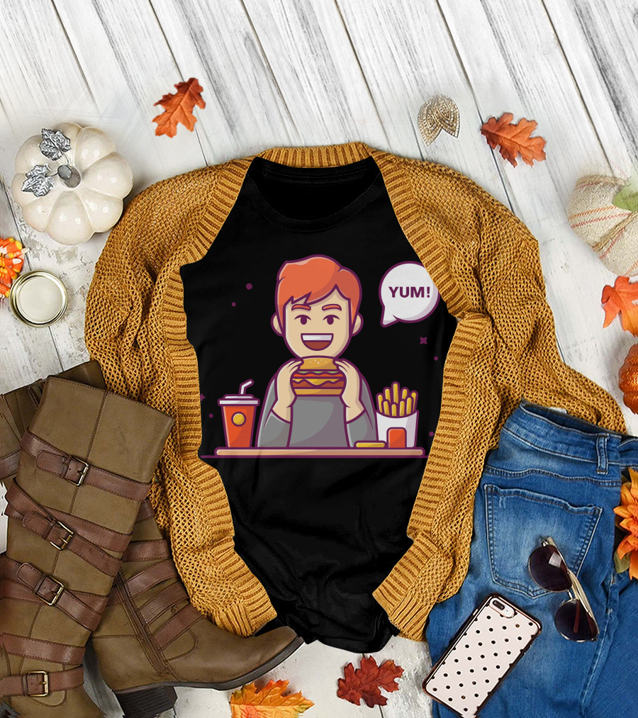 YUM Happy Man Enjoying Hamburger French Fries and Soda T-Shirt