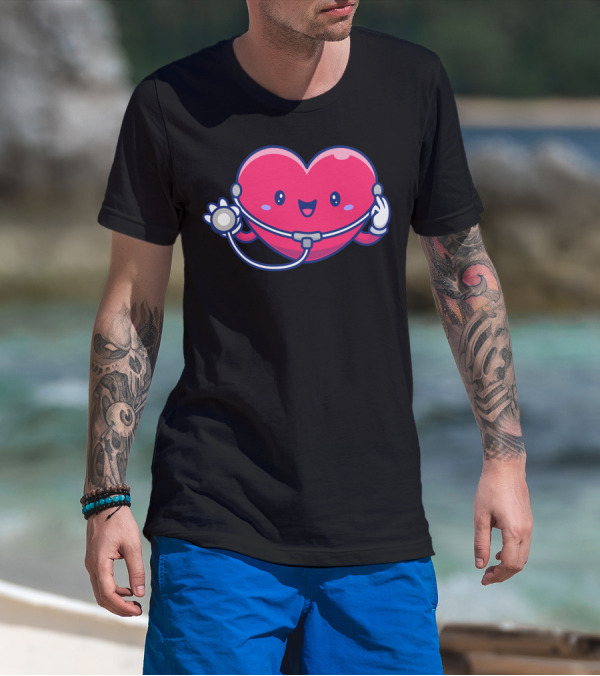 Heart Stethoscope Cartoon Character With Smiling Face T-Shirt