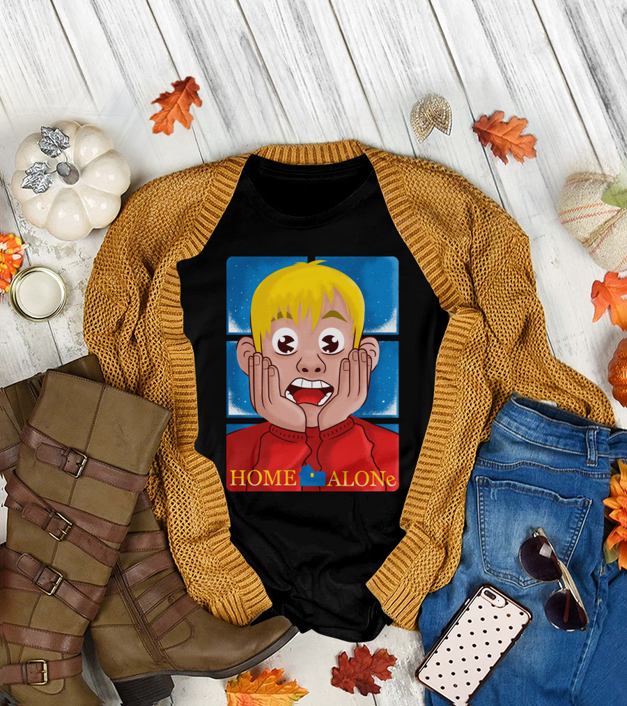 Home Alone Kid Cartoon Surprised Face Hands On Cheeks Yellow Hair Red Sweater Blue Square T-Shirt
