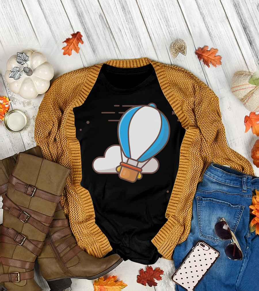 Hot Air Balloon Adventure with Cloudy Sky and Stars T-Shirt