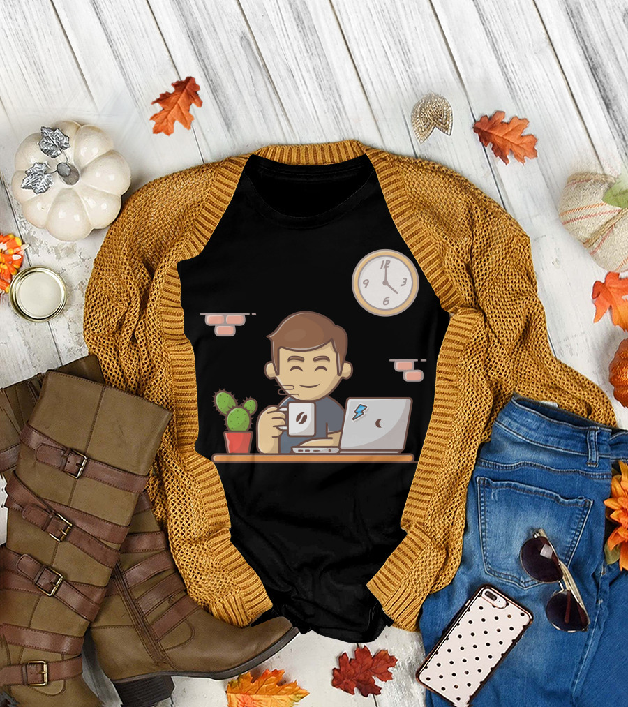 Man Drinking Coffee at Laptop with Cactus and Wall Clock T-Shirt