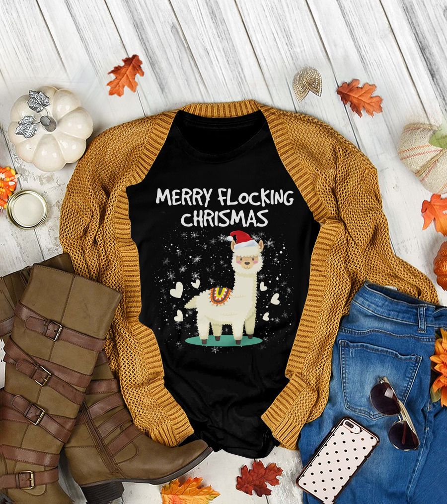 Merry Flocking Christmas Llama Santa Hat Snowflakes Hearts T-Shirt