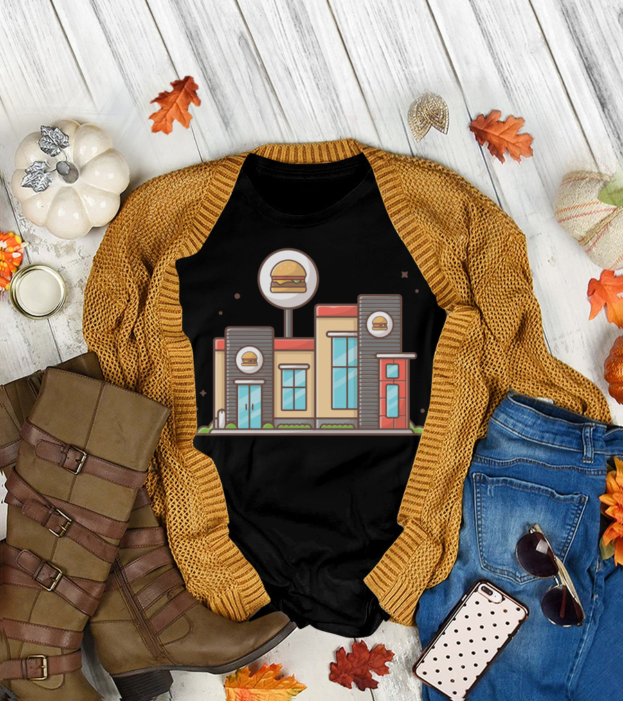 Modern Burger Shop Cartoon Building with Burger Icons T-Shirt