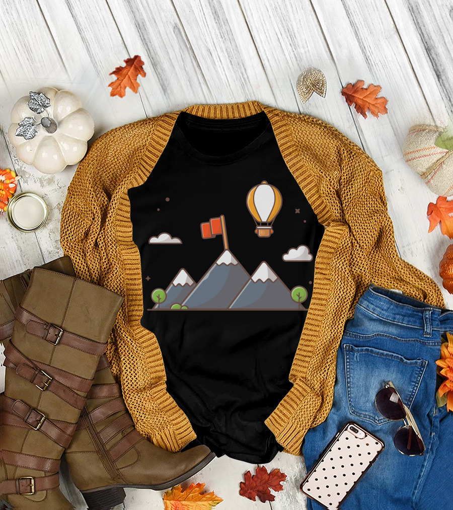 Mountain Landscape With Flag and Hot Air Balloon Scene T-Shirt