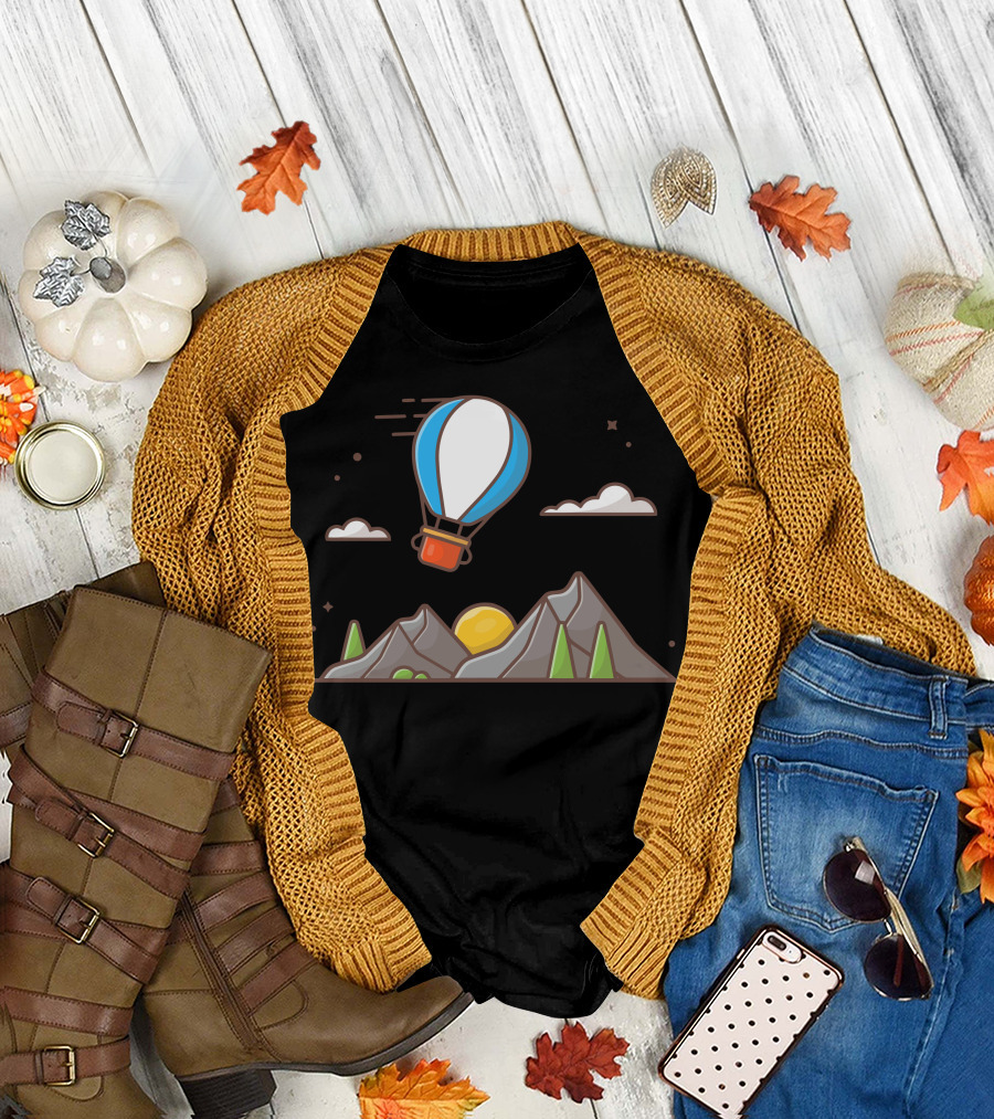 Hot Air Balloon Over Sunset Mountain Landscape T-Shirt