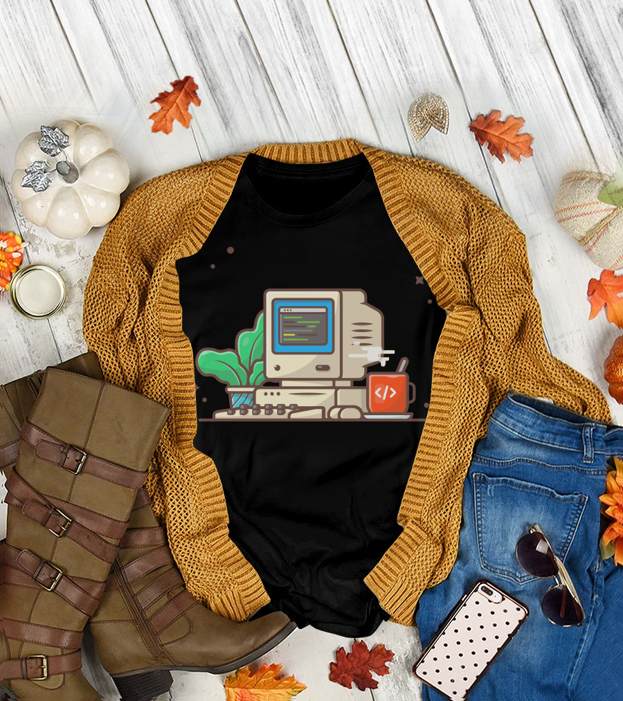 Vintage Computer Desktop with Coding Screen, Hot Coffee, and Green Plant T-Shirt