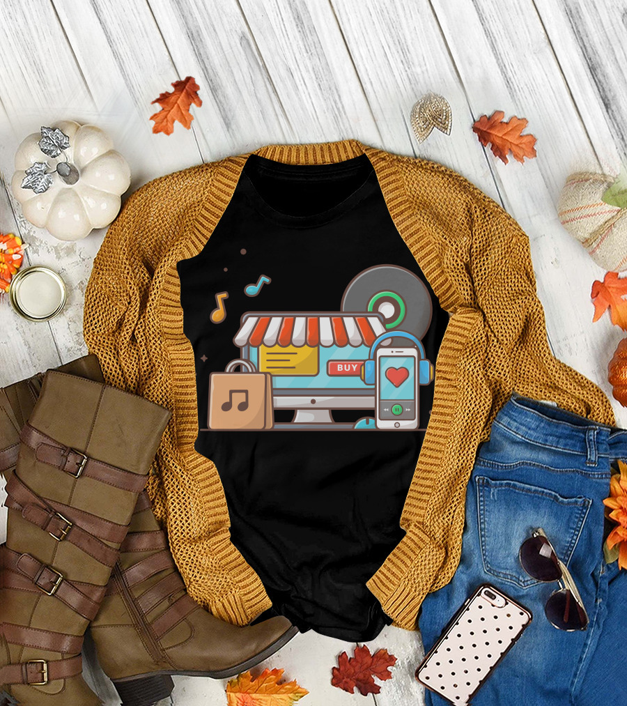 Online Music Store Vinyl Smartphone Headphone Icons Buy T-Shirt