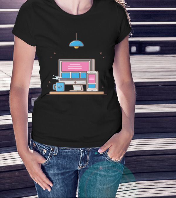Responsive Website Computer And Smartphone Interface With Coding Mug And Modern Lamp T-Shirt