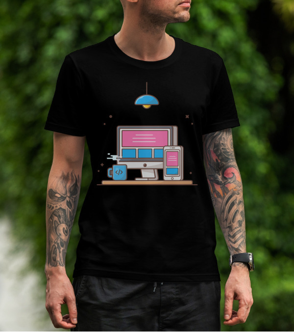 Responsive Website Computer And Smartphone Interface With Coding Mug And Modern Lamp T-Shirt