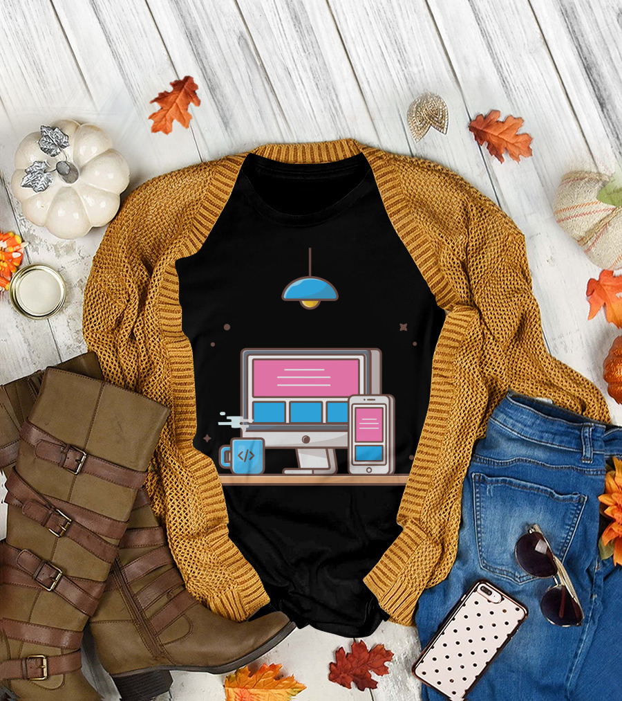 Responsive Website Computer and Smartphone Interface with Coding Mug and Modern Lamp T-Shirt