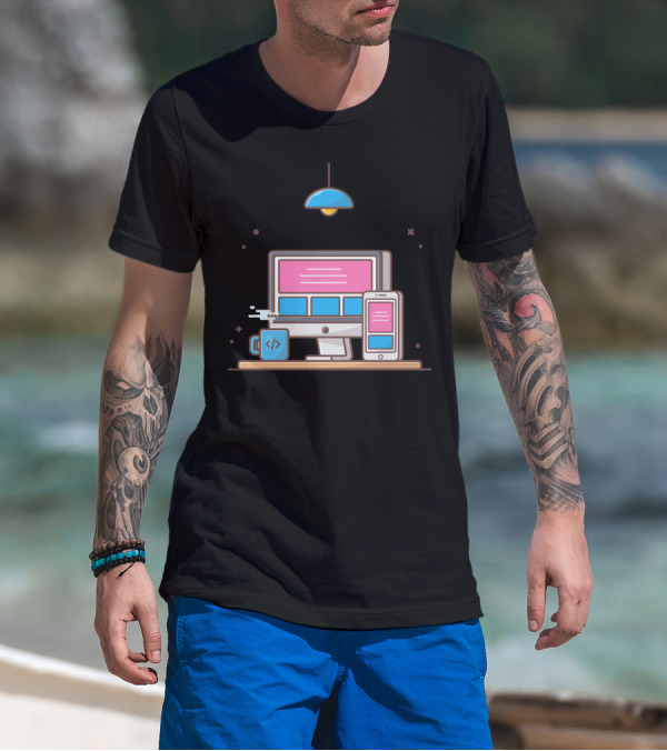 Responsive Website Computer And Smartphone Interface With Coding Mug And Modern Lamp T-Shirt