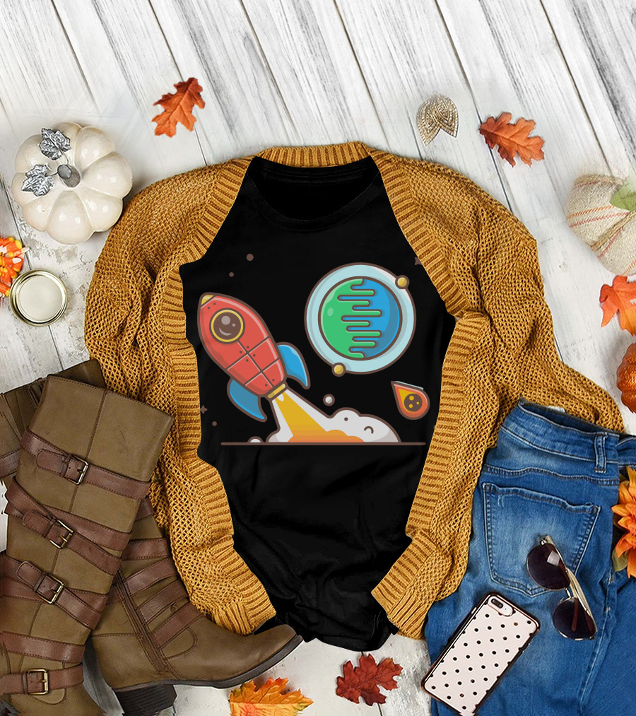Rocket Launch with Planet and Meteorite Cartoon T-Shirt