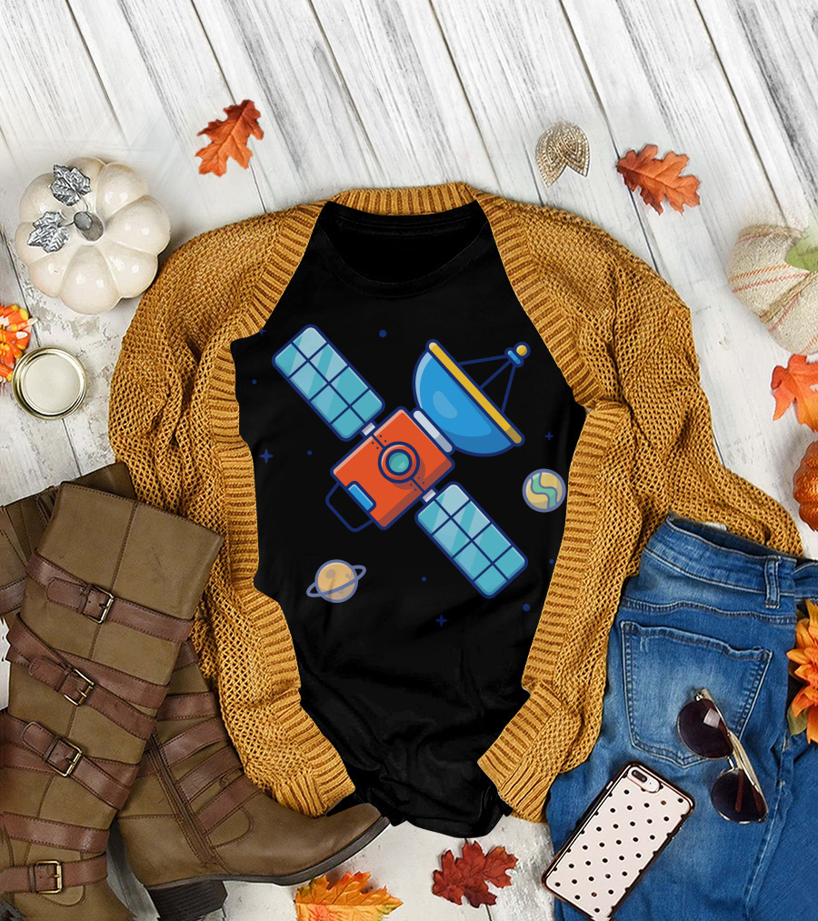 Satellite in Space with Planets and Stars T-Shirt