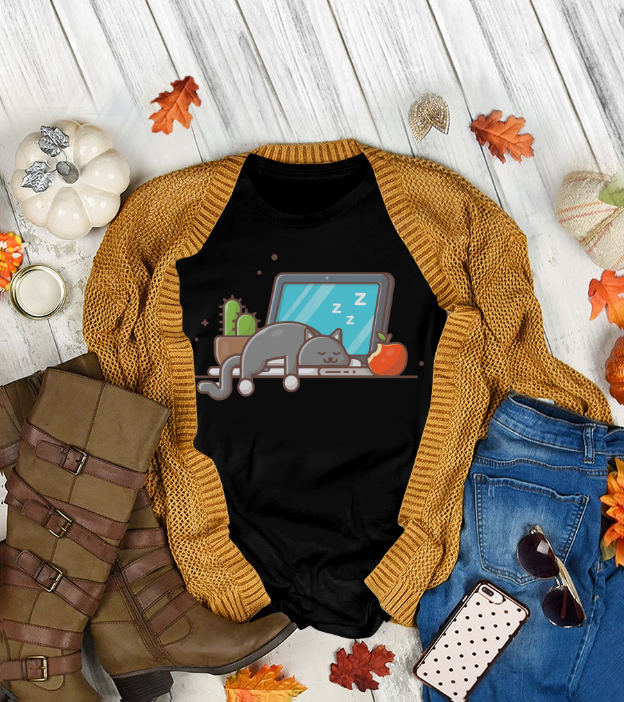 Sleeping Cat With Cactus On Laptop and Apple T-Shirt