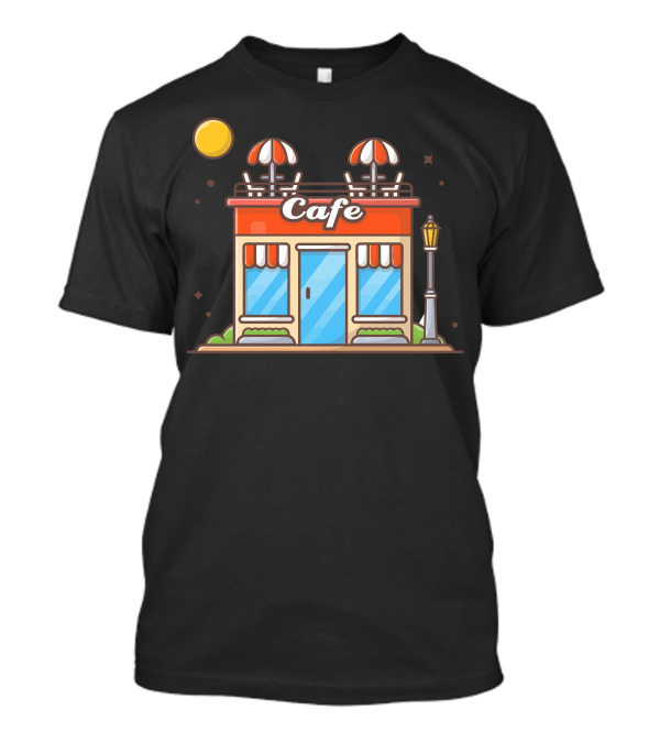 Cafe Street Coffee Shop Building Under Night Sky With Moon And Lamppost T-Shirt