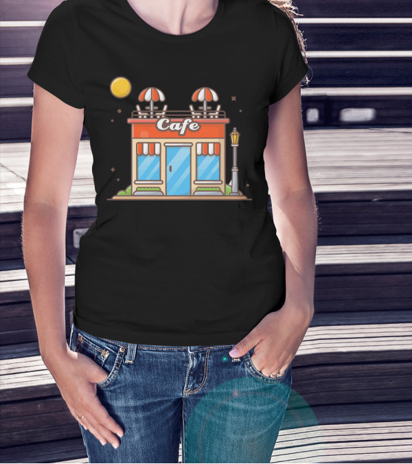 Cafe Street Coffee Shop Building Under Night Sky With Moon And Lamppost T-Shirt