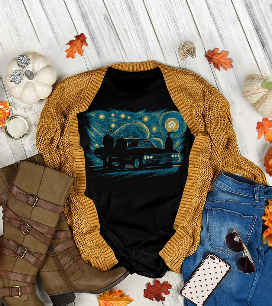 Supernatural Night Van Gogh Style with Impala Under Starry Sky T-Shirt