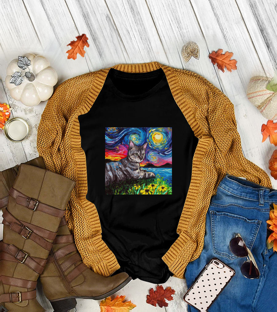 Tabby Tiger Cat in Vibrant Starry Night Garden Scene T-Shirt