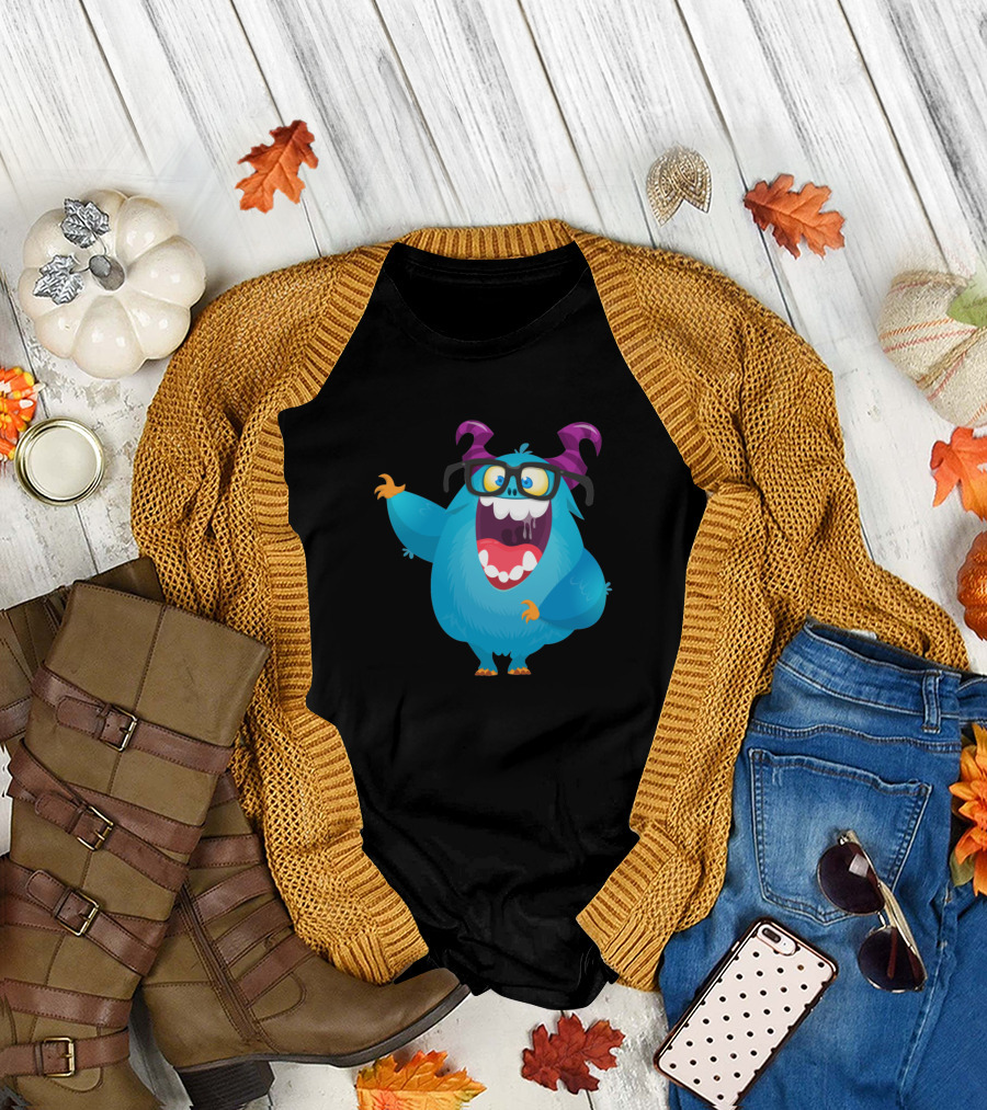Blue Monster with Purple Horns and Glasses T-Shirt