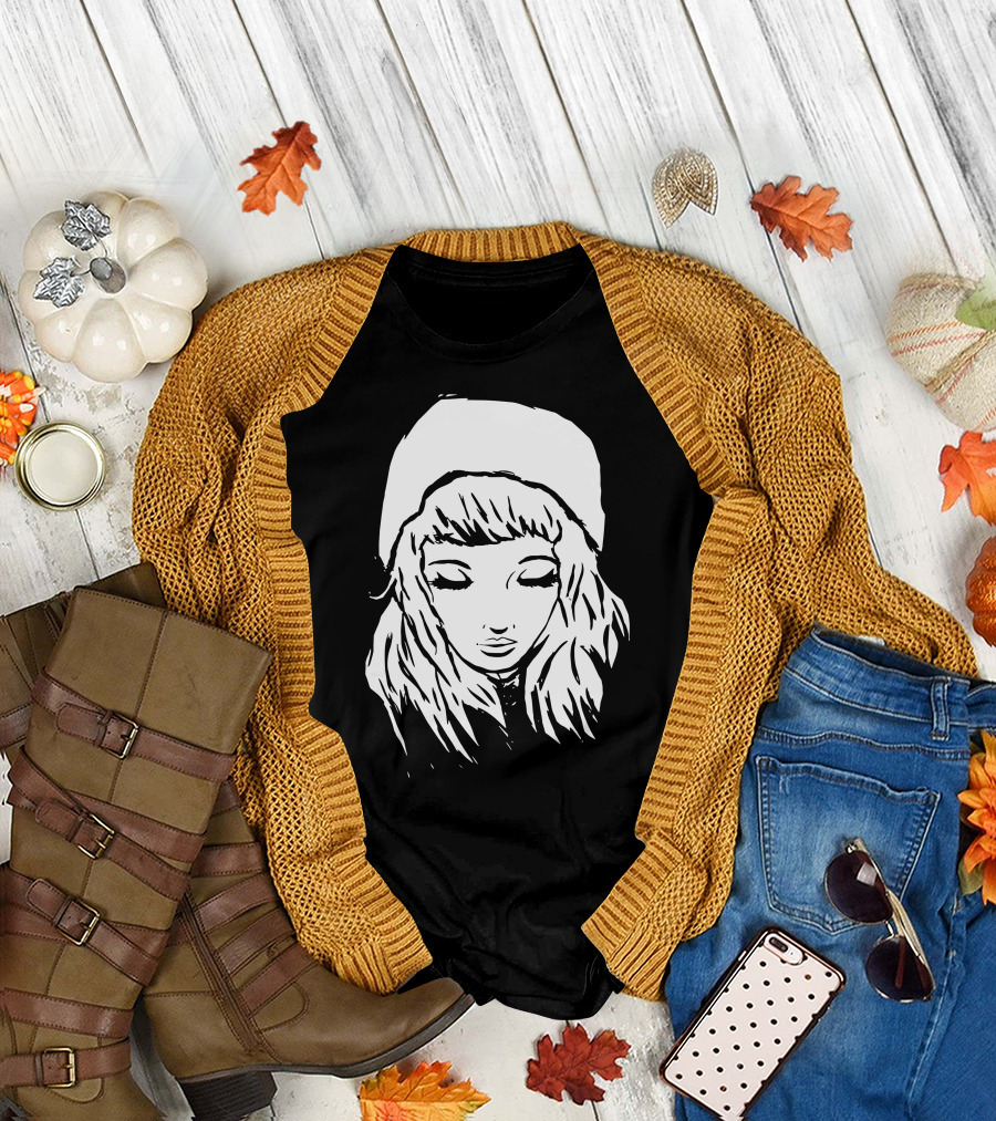 Beanie Hat Girl Eyes Closed Monochrome Drawing T-Shirt