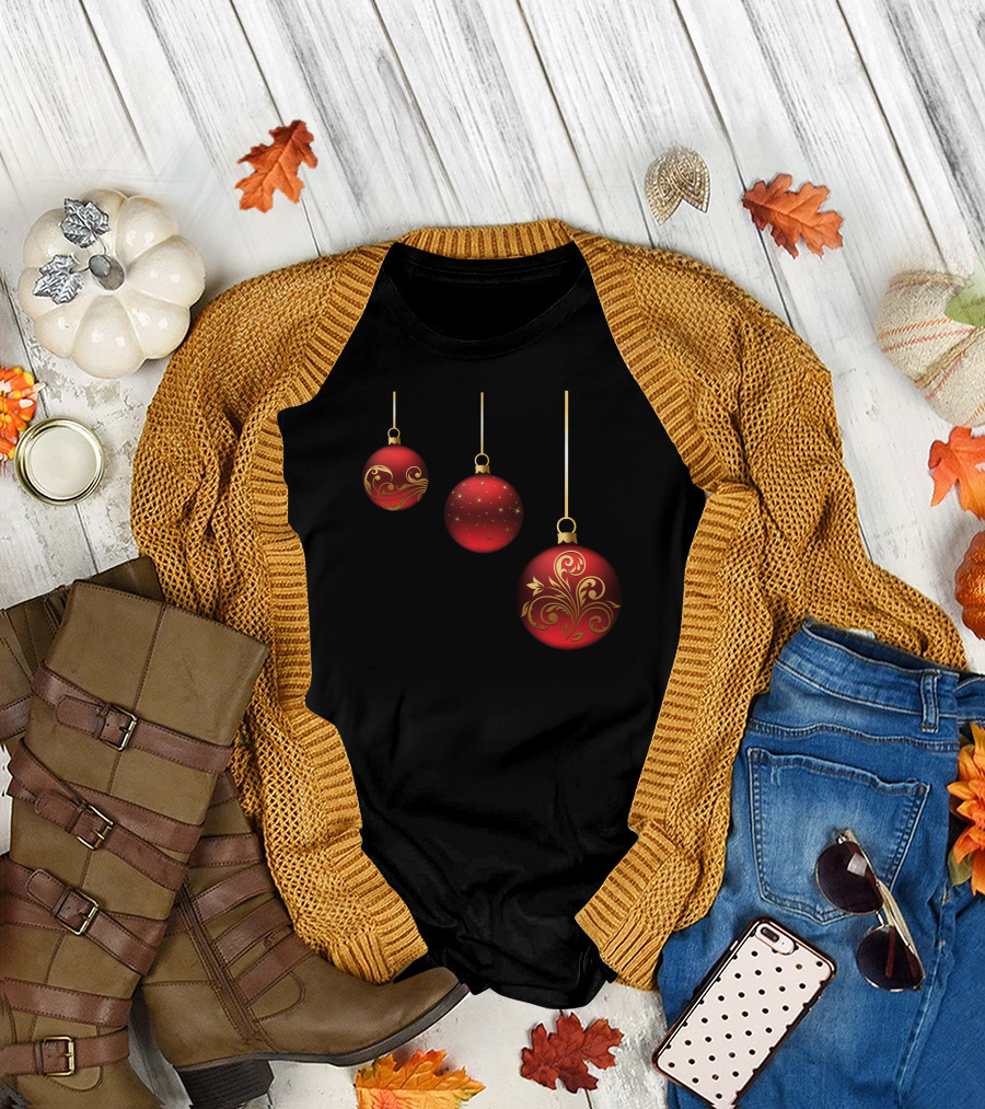 Red and Gold Christmas Ornament Design with Starry Accents T-Shirt