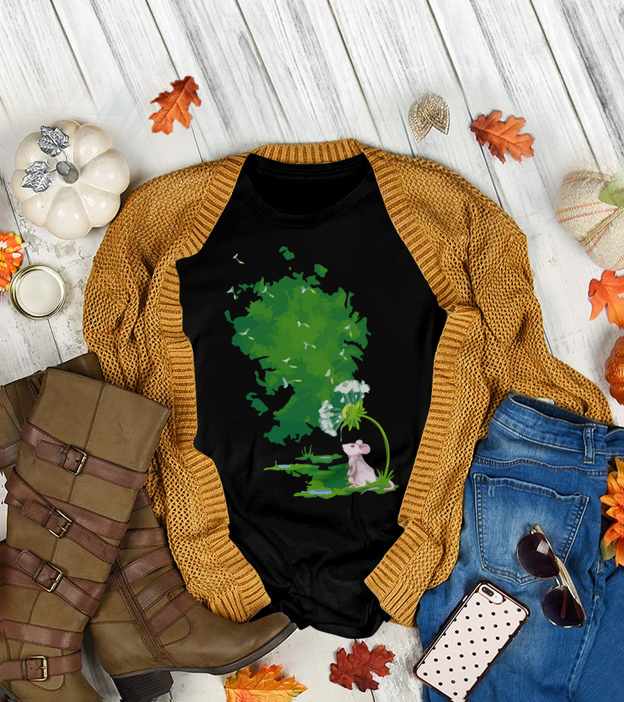 Dandelion Drops Mouse Dreaming Green Nature Scene T-Shirt