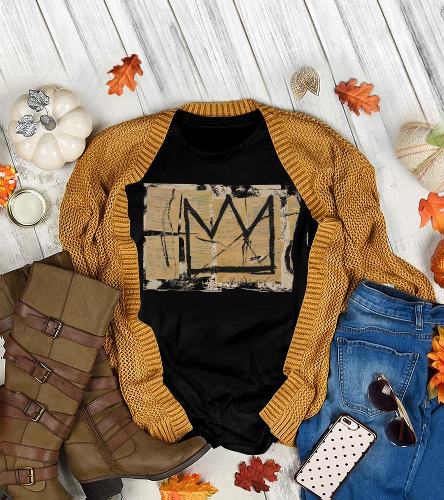 Basquiat Three Pointed Crown Black and Tan Collage T-Shirt