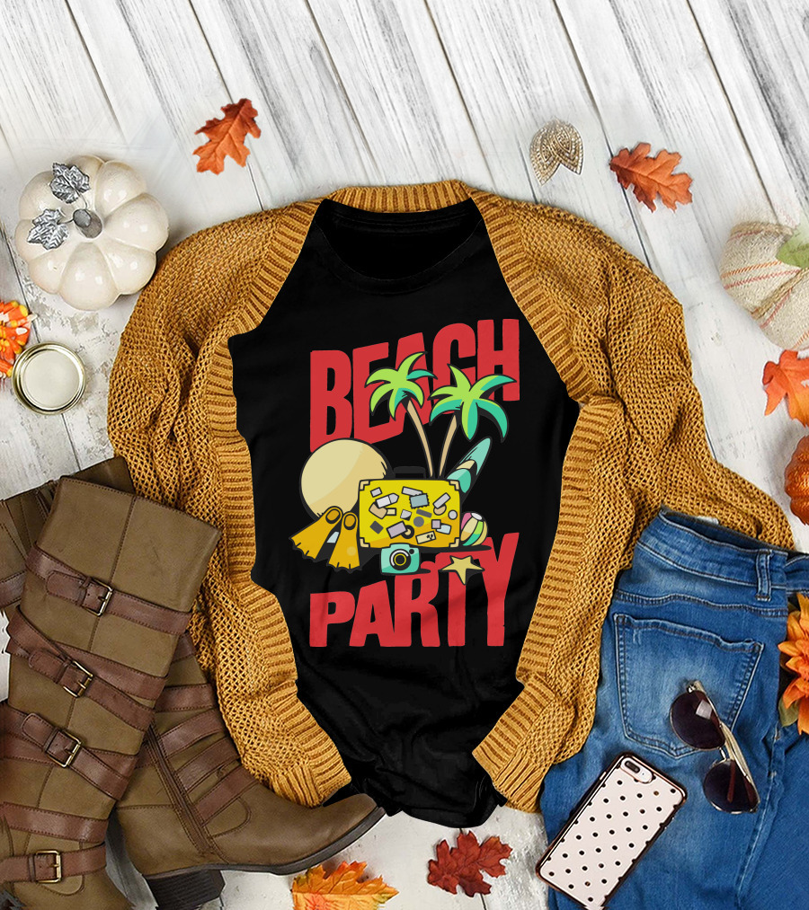 BEACH PARTY Palm Trees Sun Flippers Camera Surfboard Starfish T-Shirt