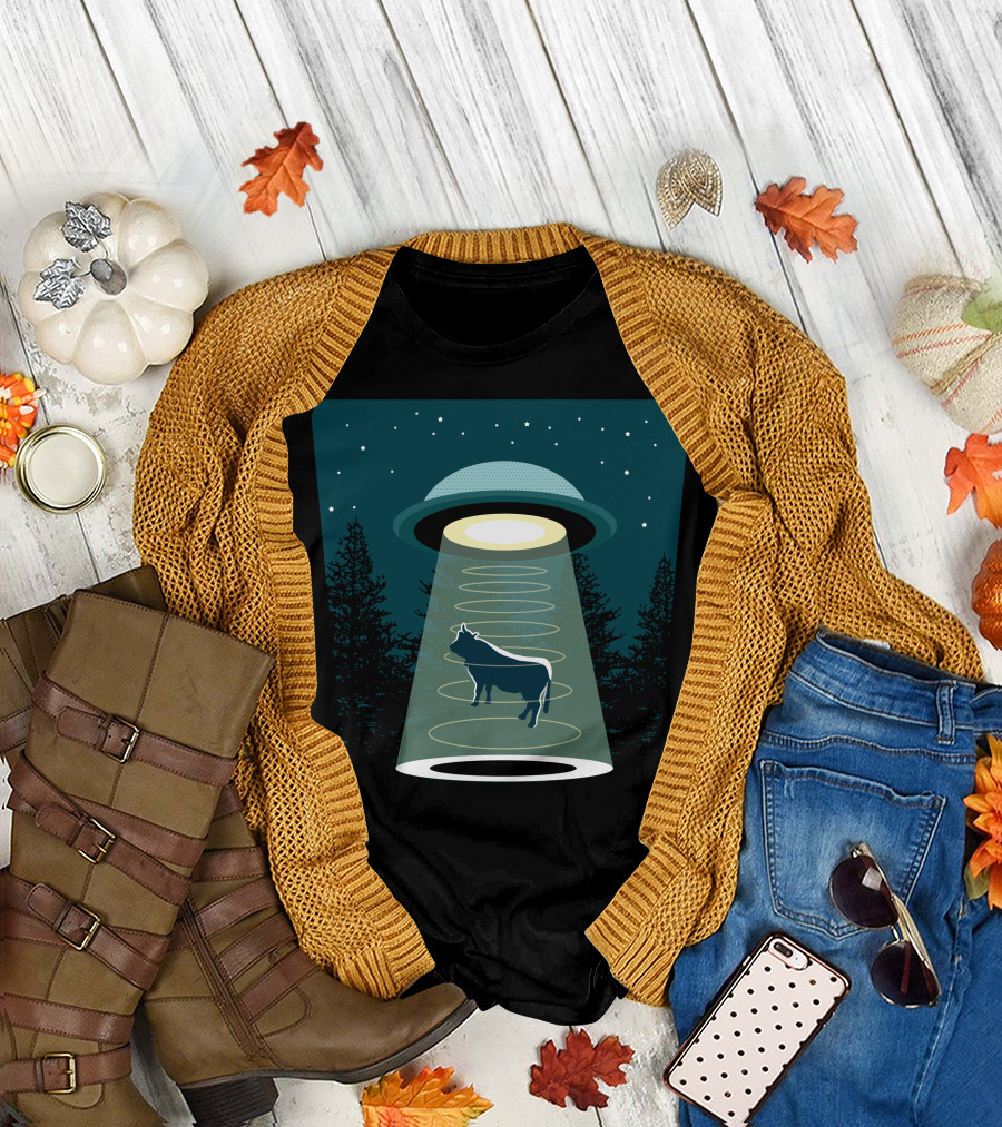 Beware UFO Alien Abduction Cow Silhouette Night Sky Forest Scene T-Shirt