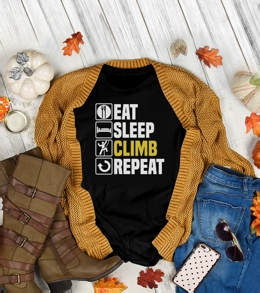 Fall flat lay featuring Eat Sleep Climb Repeat T-Shirt with cardigan.