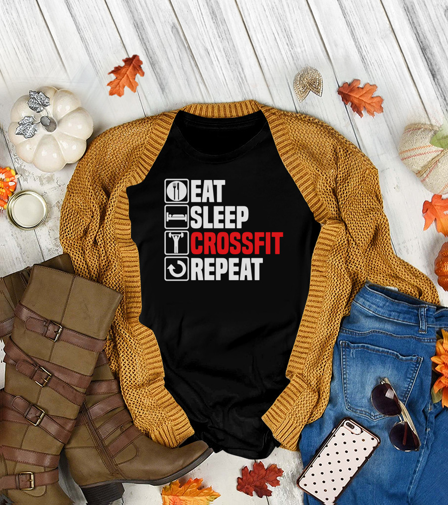 Eat Sleep Crossfit Repeat Fitness Lifestyle Icons T-Shirt