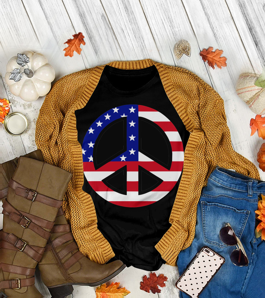 Peace Symbol American Flag Independence Day T-Shirt