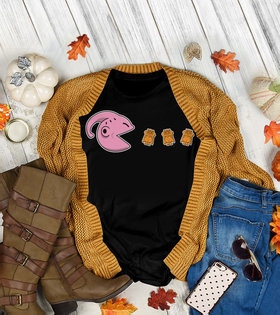 Pink Hungry Monster Chases Three Orange Snacks T-Shirt