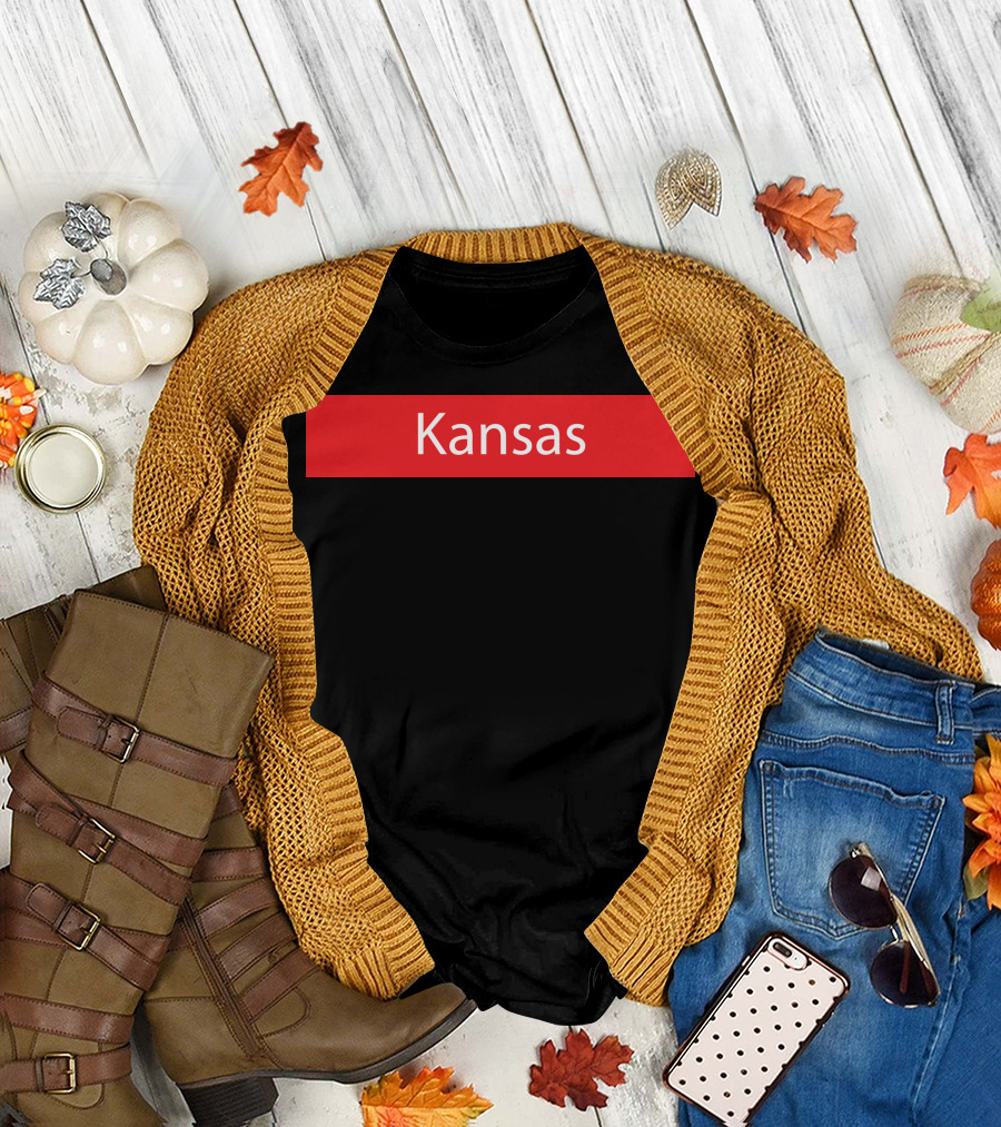 Kansas White Text on Red Rectangle Block T-Shirt