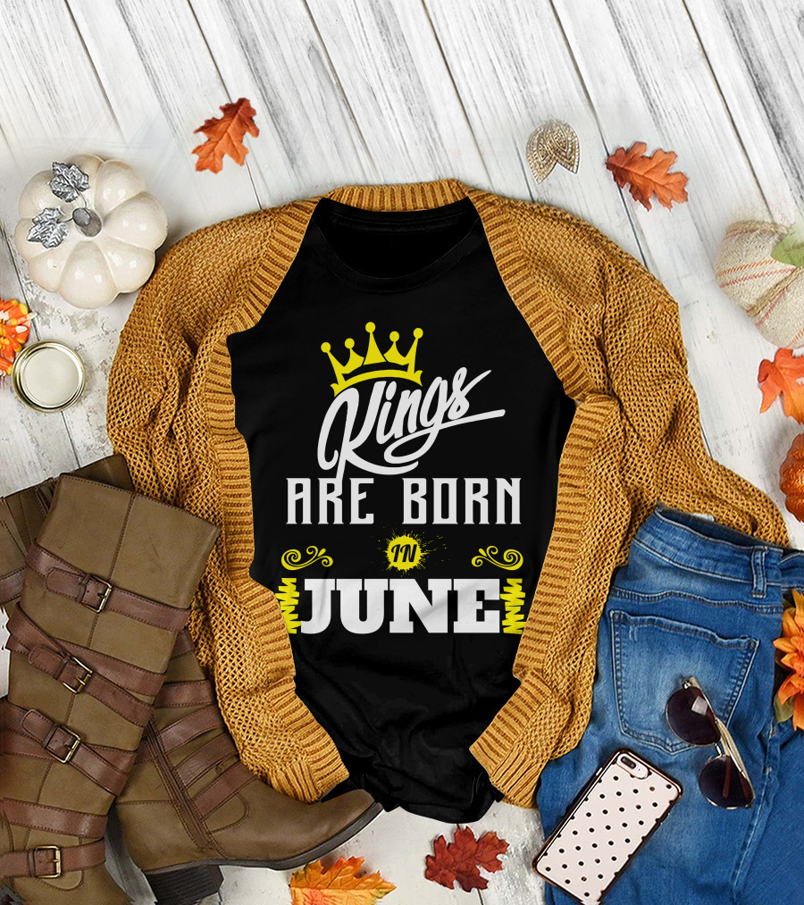 Kings Are Born in June with Crown Icon and Bold Typography T-Shirt