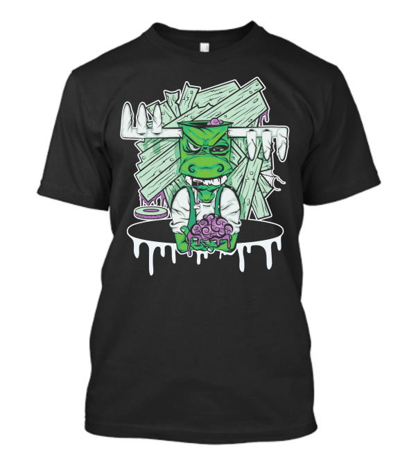 Lumpy Green Monster Holding Brains In Front Of Icy Antlers And Wooden Boards T-Shirt
