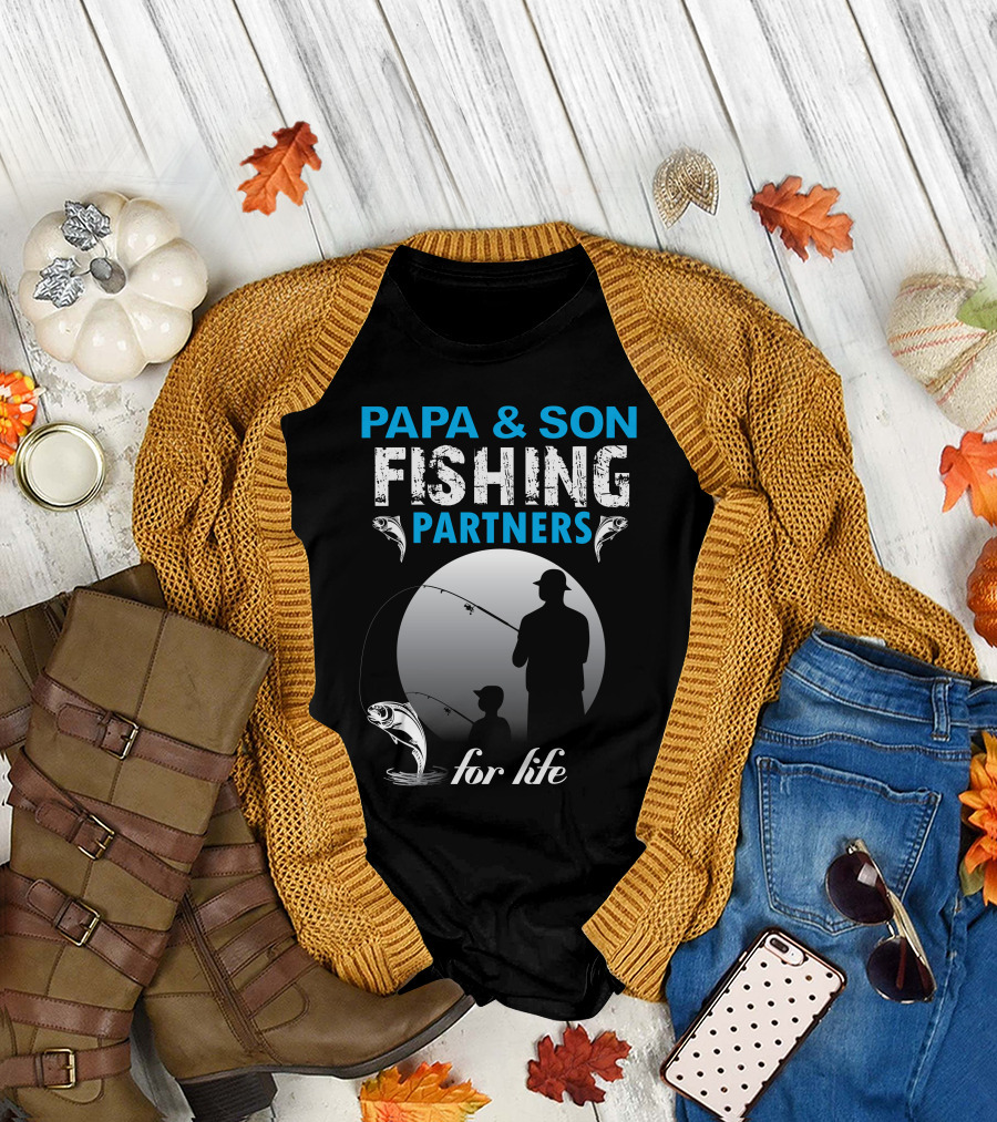 Papa And Son Fishing Partners For Life Silhouette And Fish T-Shirt