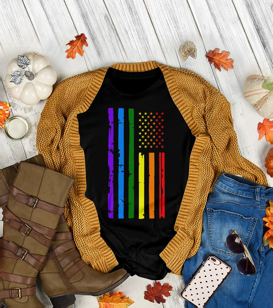 Rainbow Stripes and Stars American Flag Display T-Shirt