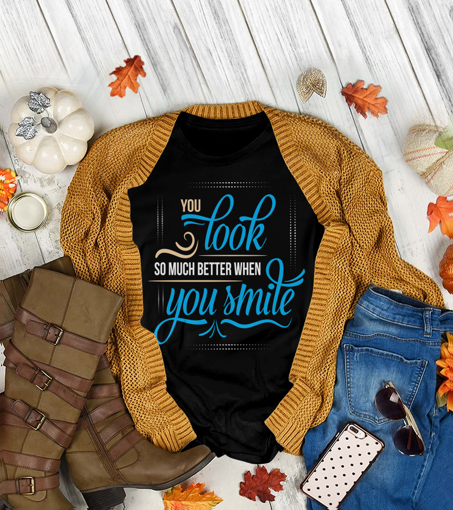 You Look So Much Better When You Smile Blue and Beige Swirl Typography T-Shirt