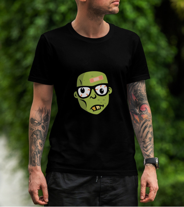 Zombie Geek Head Cartoon With Bandaged Forehead Glasses And Green Face T-Shirt