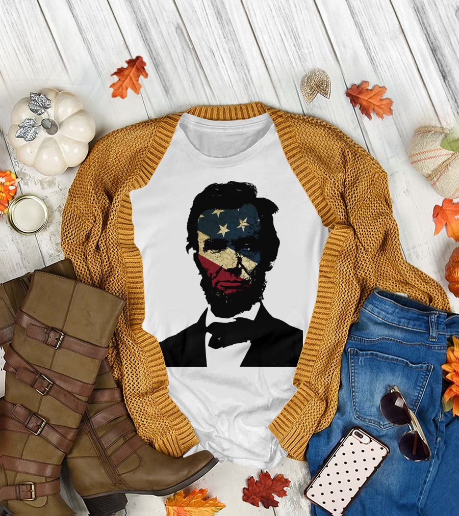 Abraham Lincoln Face with American Flag Independence Day T-Shirt