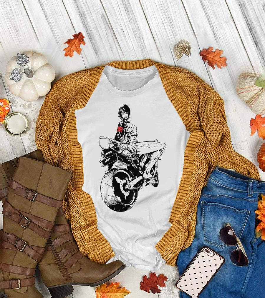 Biker Girl Riding Motorcycle with Red Arm Band T-Shirt
