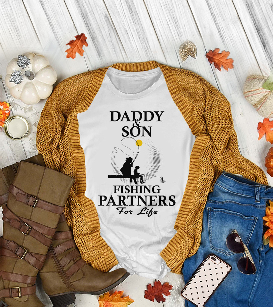 Daddy And Son Fishing Partners For Life Silhouette with Yellow Sun T-Shirt