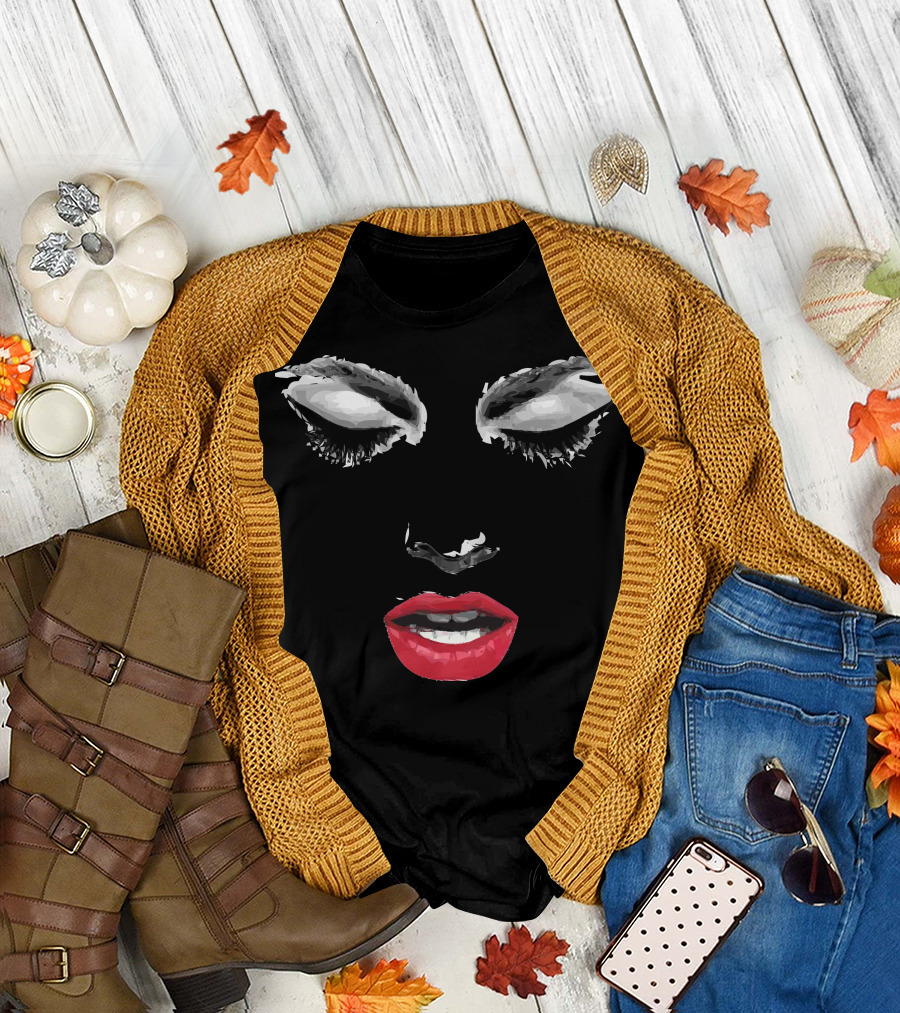 Girl Face with Closed Eyes and Bold Red Lips T-Shirt